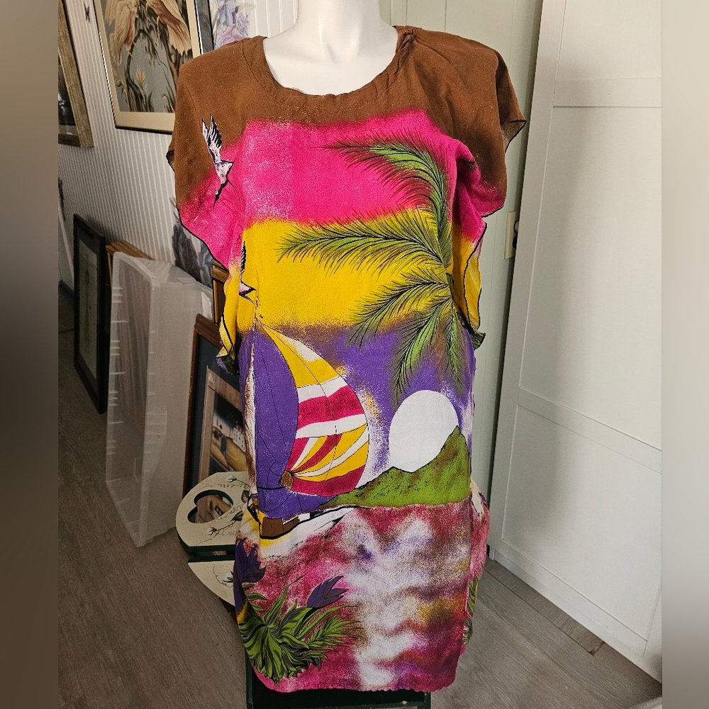 Vintage Indonesian Batik Rayon Sheath Dress M 8 10 Tropical Sunset Tunic 20" P2P
